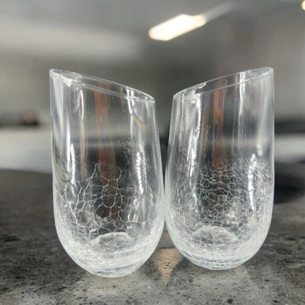 Pier 1‎ Clear Crackled Slanted Angled Rim Stemless Wine Glasses Tumbler Set 2